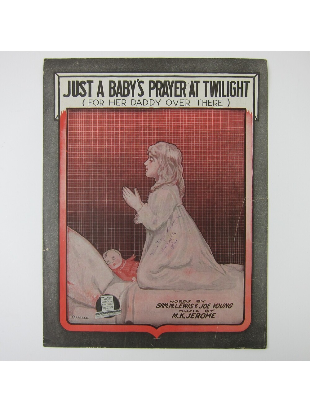 Sheet Music Just a Baby's Prayer at Twilight For Her Daddy Over WWI Antique 1918